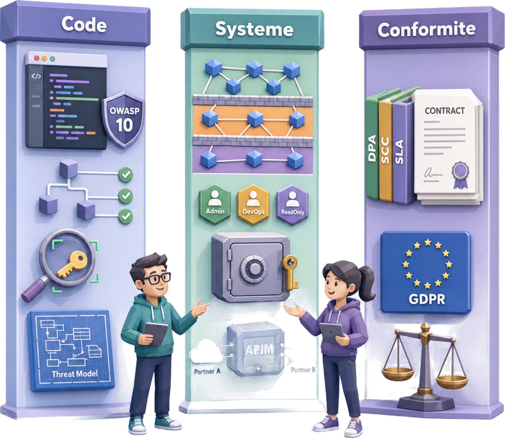 Les trois couches de sécurité applicative et conformité tenues en parallèle : Code (OWASP Top 10, audit dépendances, secret scanning, threat-modeling), Système (segmentation réseau, IAM par rôle, vault credentials, isolation par partenaire via APIM) et Conformité (RGPD, négociation contractuelle directe DPA / SCCs / SLA / réversibilité) — Jose DA COSTA Les trois couches de sécurité applicative et conformité tenues en parallèle : Code (OWASP Top 10, audit dépendances, secret scanning, threat-modeling), Système (segmentation réseau, IAM par rôle, vault credentials, isolation par partenaire via APIM) et Conformité (RGPD, négociation contractuelle directe DPA / SCCs / SLA / réversibilité) — Jose DA COSTA