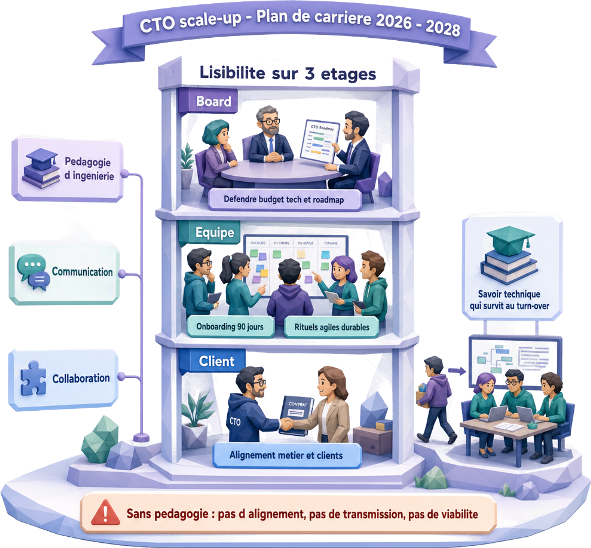 Pédagogie d'ingénierie, communication et collaboration comme socle viable du rôle CTO scale-up dans le plan de carrière 2026-2028 : lisibilité sur trois étages board (défendre budget tech et roadmap), équipe (onboarding 90 jours, rituels agiles durables) et client (alignement métier et clients), savoir technique qui survit au turn-over - sans cette compétence, pas d'alignement, pas de transmission, pas de viabilité — Jose DA COSTA