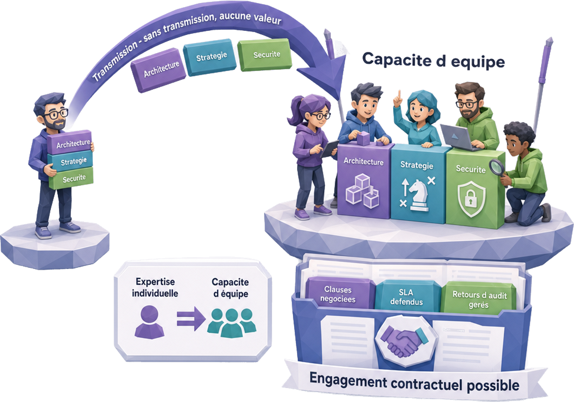 Pourquoi la communication et la collaboration sont critiques : sans transmission, la meilleure architecture, la meilleure stratégie ou la meilleure décision sécurité n'ont aucune valeur - c'est ce qui transforme une expertise individuelle en capacité d'équipe et rend l'engagement contractuel possible (clauses négociées, SLA défendus, retours d'audit gérés) — Jose DA COSTA