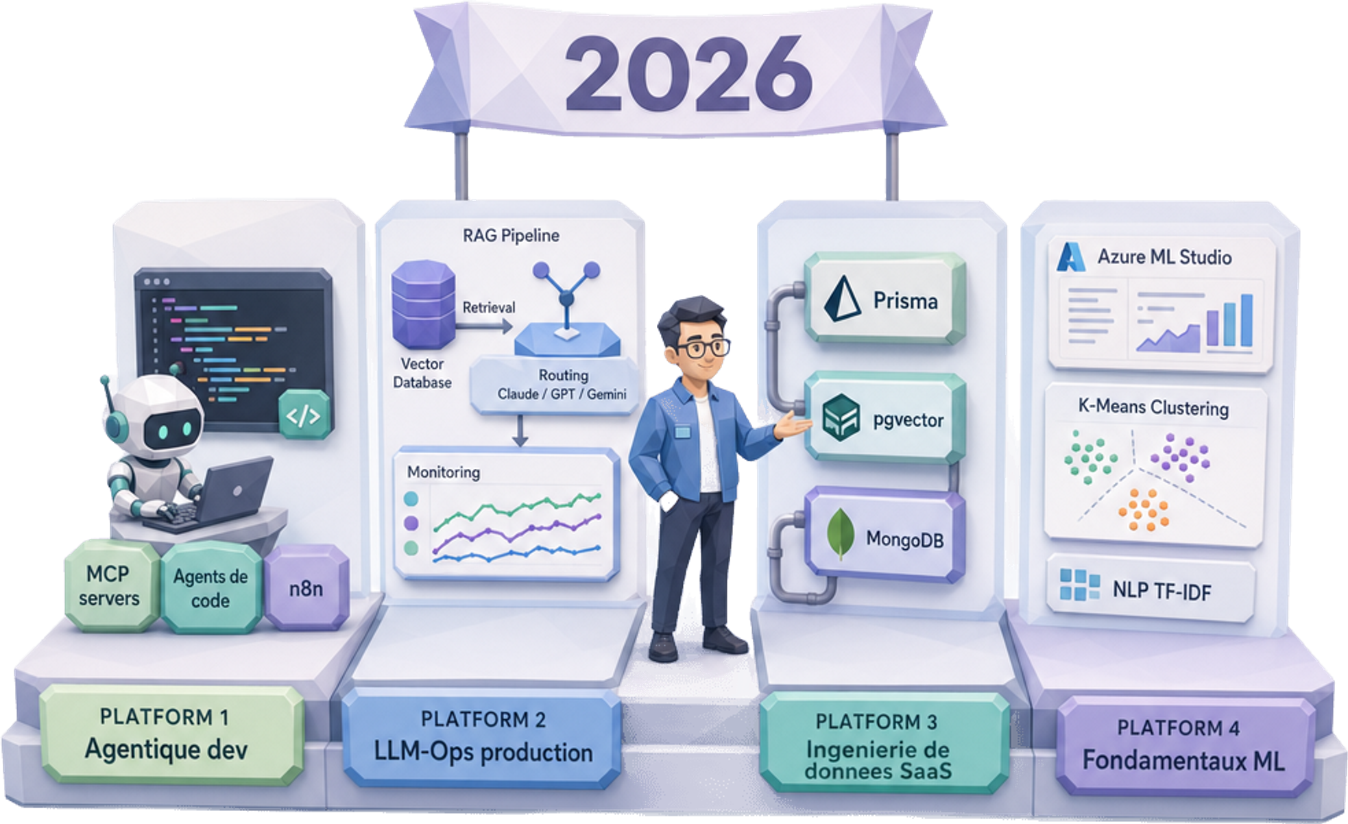 Quatre chantiers parallèles 2026 : agentique dev (MCP, agents de code, n8n), LLM-Ops production (RAG hybride, routing Claude/GPT/Gemini, monitoring), ingénierie de données SaaS (Prisma, pgvector, MongoDB) et fondamentaux ML (Azure ML Studio, k-means, NLP TF-IDF) — Jose DA COSTA Quatre chantiers parallèles 2026 : agentique dev (MCP, agents de code, n8n), LLM-Ops production (RAG hybride, routing Claude/GPT/Gemini, monitoring), ingénierie de données SaaS (Prisma, pgvector, MongoDB) et fondamentaux ML (Azure ML Studio, k-means, NLP TF-IDF) — Jose DA COSTA