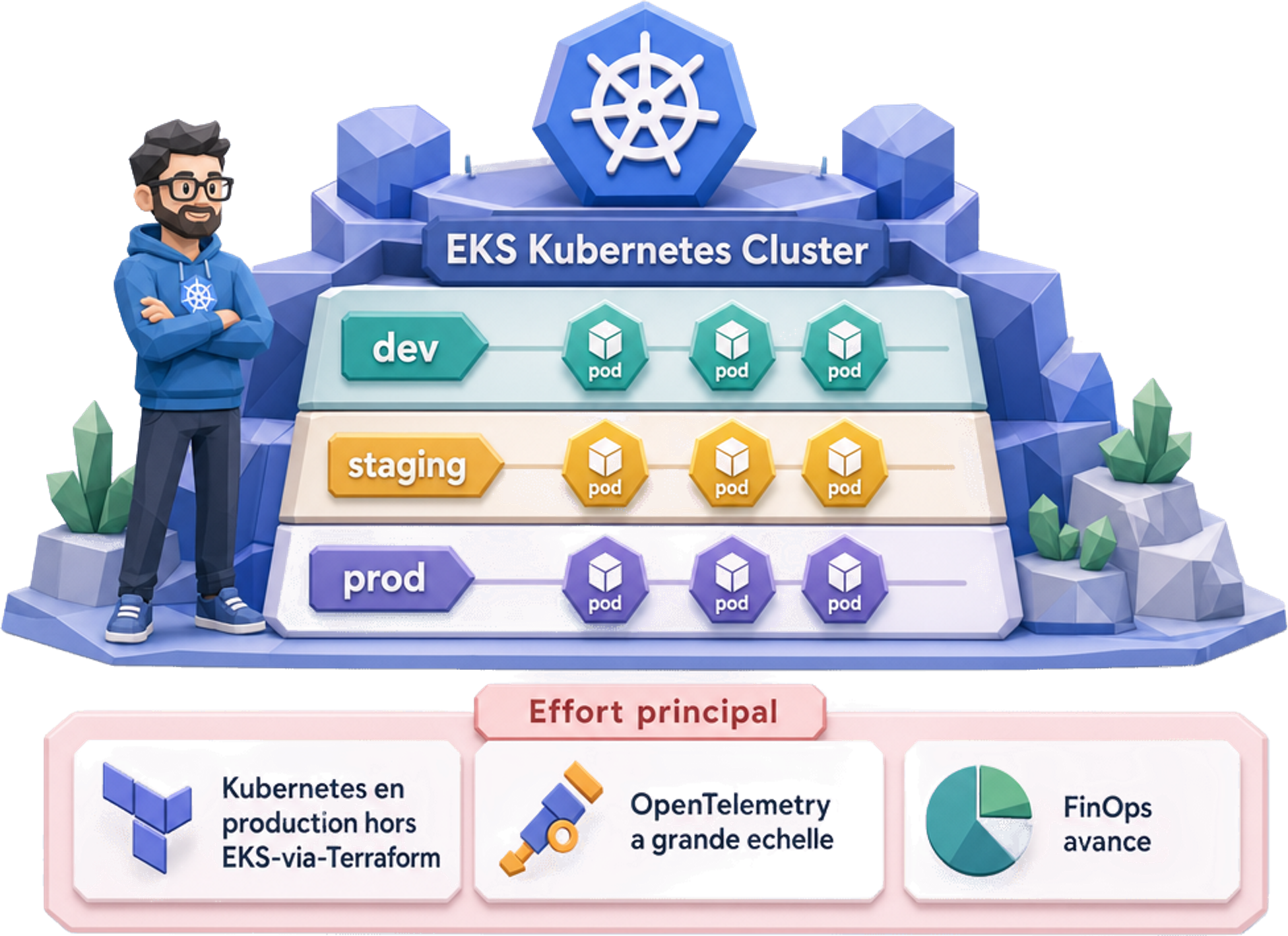 Cible opérationnelle DevOps : opérer un cluster EKS multi-environnements (dev / staging / prod) avec budget transparent (Infracost), alertes non bruyantes filtrées vers une seule alerte pertinente, rollback automatique testé chaque trimestre Q1-Q4, et effort principal sur Kubernetes en production hors EKS-via-Terraform, OpenTelemetry à grande échelle et FinOps avancé — Jose DA COSTA