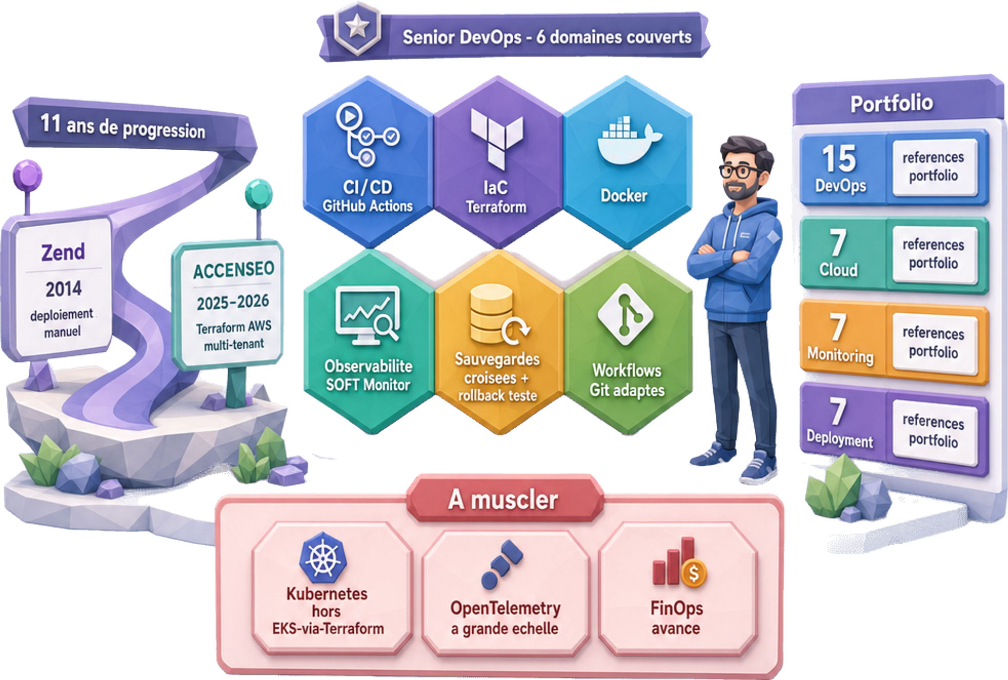 Cartographie de maîtrise DevOps Senior : 11 ans de progression du déploiement manuel chez Zend (2014) à l'IaC Terraform AWS multi-tenant chez ACCENSEO (2025-2026), couverture complète sur 6 domaines (CI/CD GitHub Actions, IaC Terraform, Docker, observabilité SOFT Monitor, continuité sauvegardes croisées et rollback testé, workflows Git adaptés), 15 références DevOps + 7 cloud + 7 monitoring + 7 deployment au portfolio, à muscler Kubernetes hors EKS-via-Terraform, OpenTelemetry à grande échelle et FinOps avancé — Jose DA COSTA