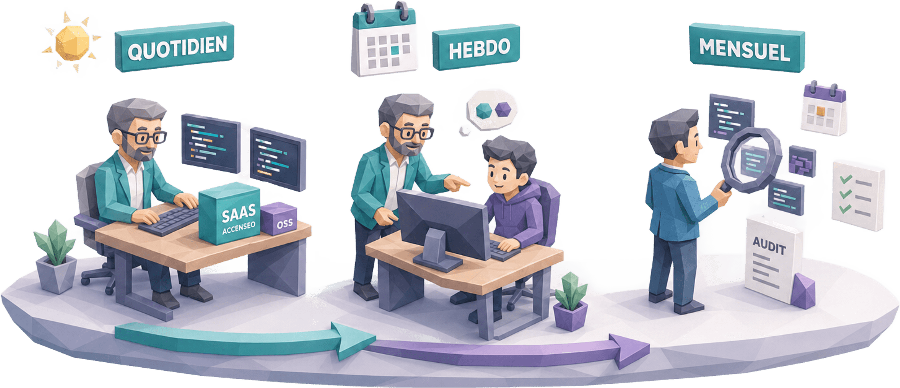 Cadence de pratique multi-rythme : code quotidien sur les produits ACCENSEO (SaaS comptable, packages OSS), pair-programming hebdomadaire avec les alternants, revue de code mensuelle de codebases tiers en mission audit conseil — Jose DA COSTA