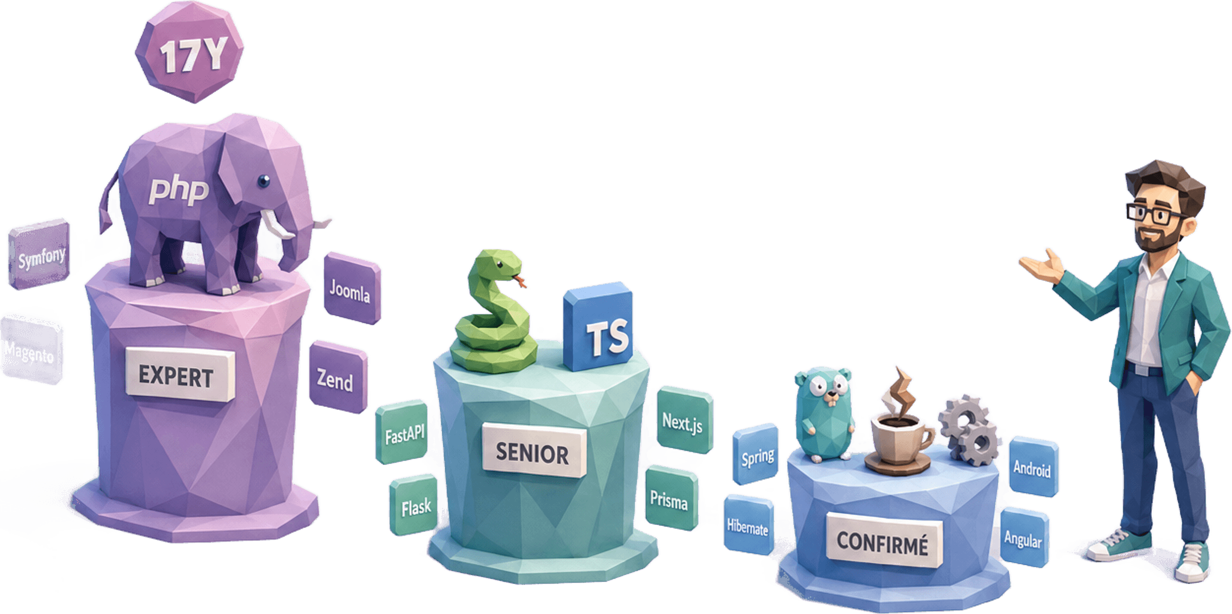 Niveaux de maîtrise par stack technique : PHP Expert (17 ans, Symfony, Magento, Joomla, Zend), Python et TypeScript Senior (FastAPI, Flask, Next.js, Prisma), Go, Java/Spring/Hibernate, Kotlin, Scala et Angular Confirmé — Jose DA COSTA