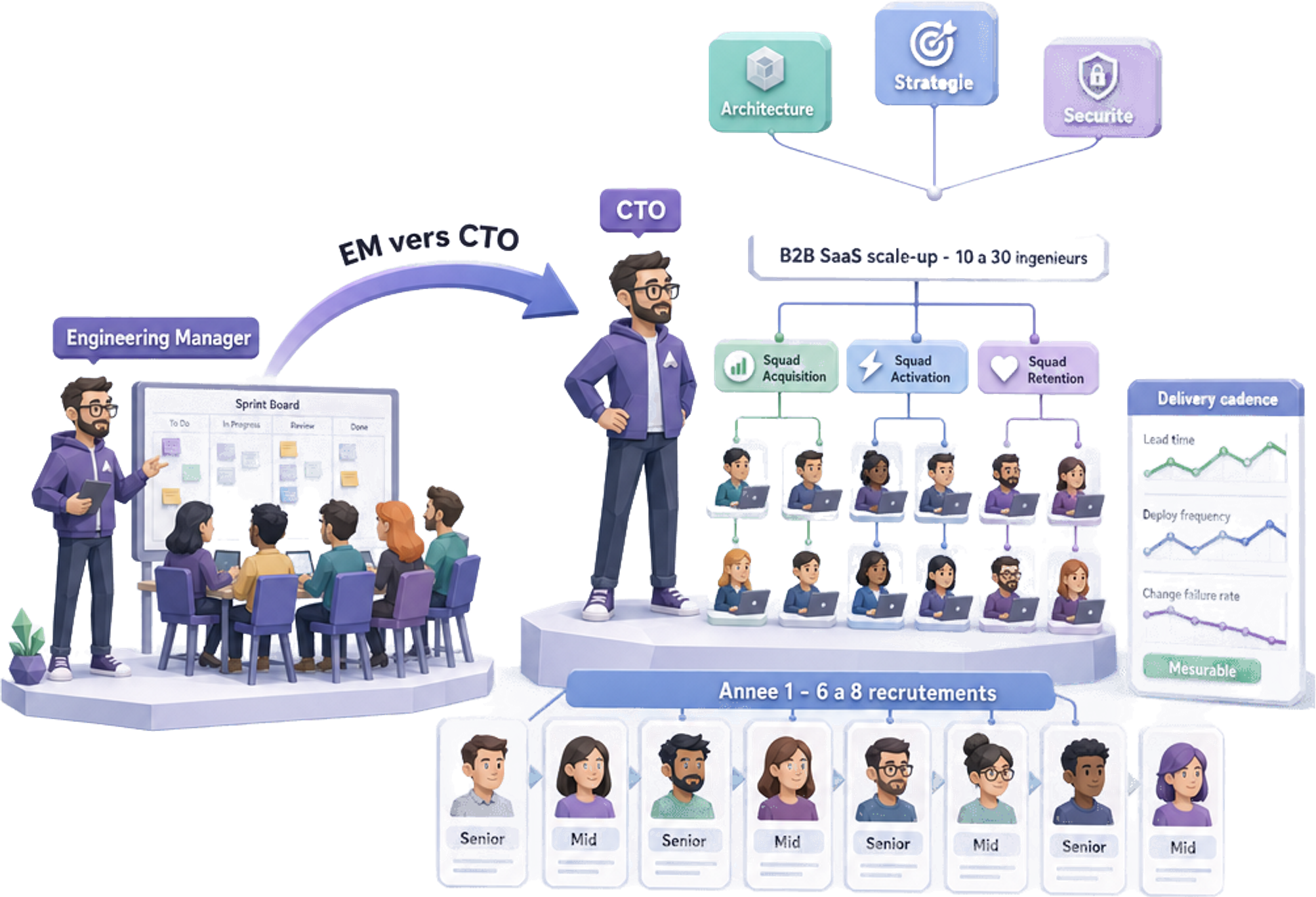 Bascule Engineering Manager → CTO d'une scale-up SaaS B2B de 10 à 30 ingénieurs : reprise d'une organisation produit existante, redécoupage des squads autour des lignes de revenu (acquisition, activation, rétention), pipeline de 6 à 8 recrutements senior et mid la première année, cadence de delivery mesurable - sans cette compétence, l'architecture, la stratégie et la sécurité ne se transposent pas à l'échelle équipe — Jose DA COSTA