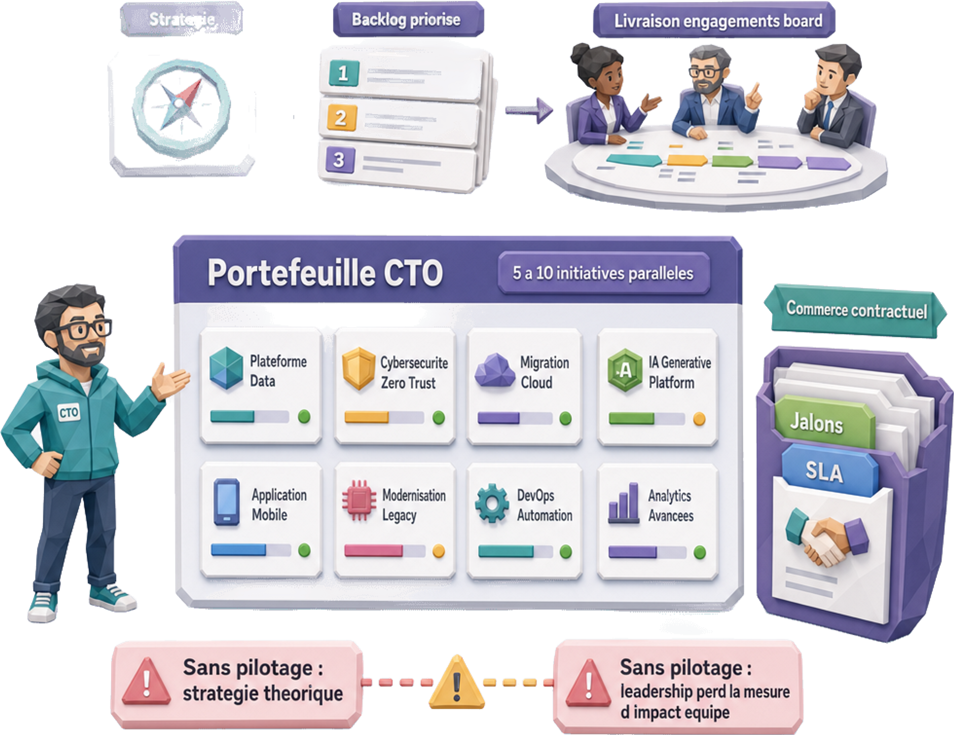 Système d'exploitation portefeuille du prochain rôle CTO : tenir 5 à 10 initiatives parallèles, transformer la stratégie en backlog priorisé livrable au board, et autoriser le commerce contractuel via jalons et SLA - sans pilotage projet, la stratégie reste théorique et le leadership perd la mesure d'impact équipe — Jose DA COSTA Système d'exploitation portefeuille du prochain rôle CTO : tenir 5 à 10 initiatives parallèles, transformer la stratégie en backlog priorisé livrable au board, et autoriser le commerce contractuel via jalons et SLA - sans pilotage projet, la stratégie reste théorique et le leadership perd la mesure d'impact équipe — Jose DA COSTA