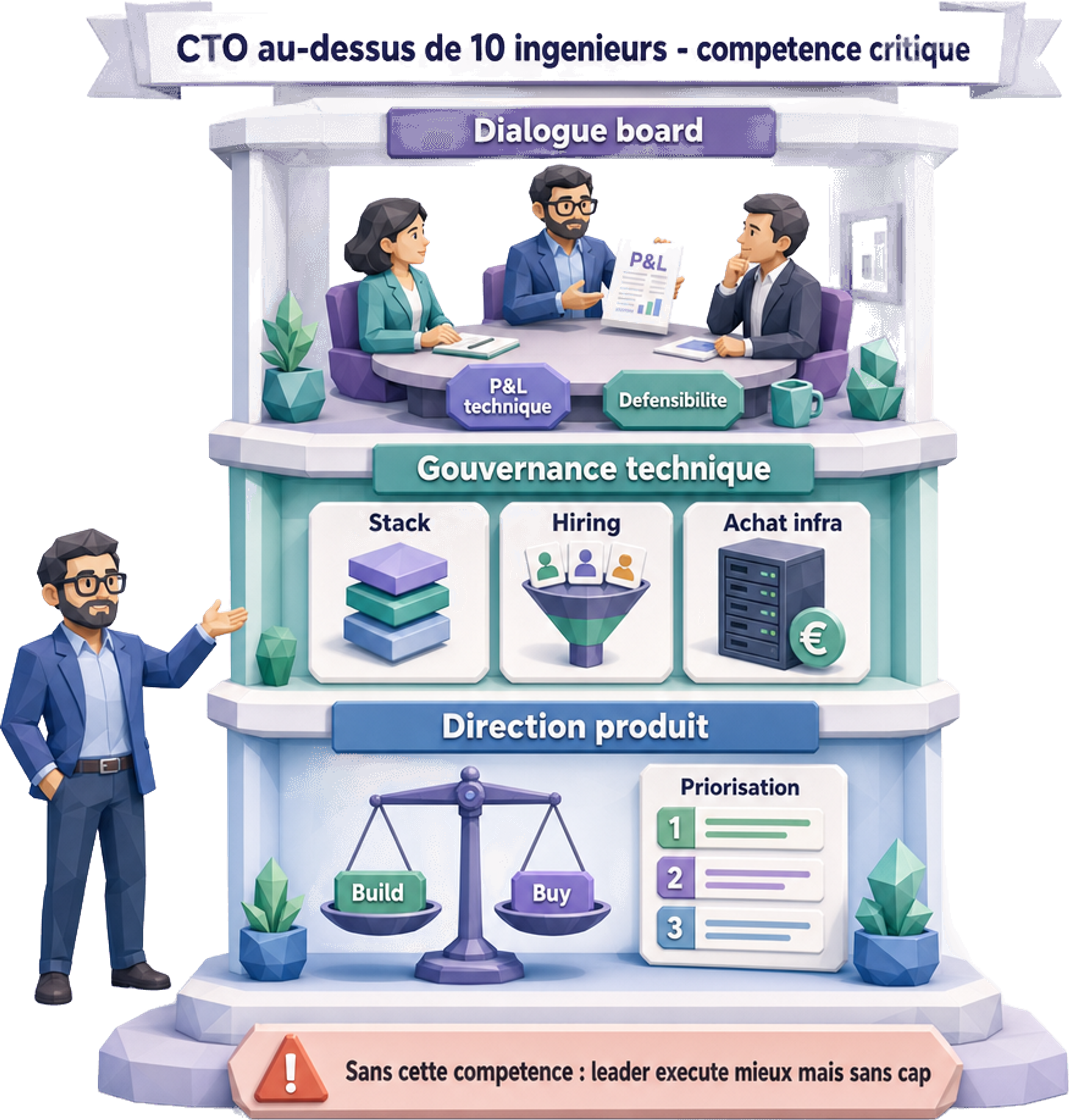 Compétence critique pour tout CTO opérant au-dessus de 10 ingénieurs : trois étages articulés - direction produit (build vs buy, priorisation), gouvernance technique (stack, hiring, achat infra) et dialogue board (P&L technique, défensibilité) - sans cette compétence le leader exécute mieux mais sans cap — Jose DA COSTA